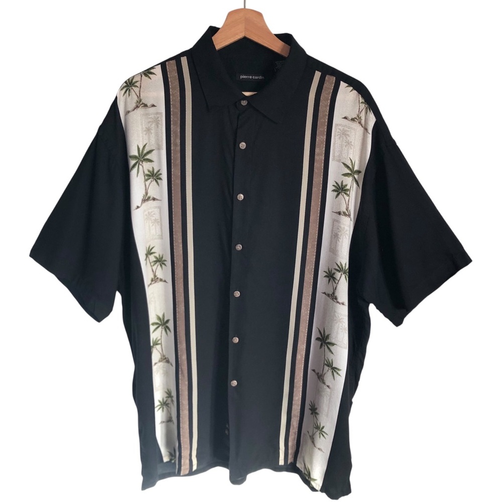 VINTAGE 90s Pierre Cardin Black Palm Tree Hawaiian Aloha Short Sleeve Shirt XL